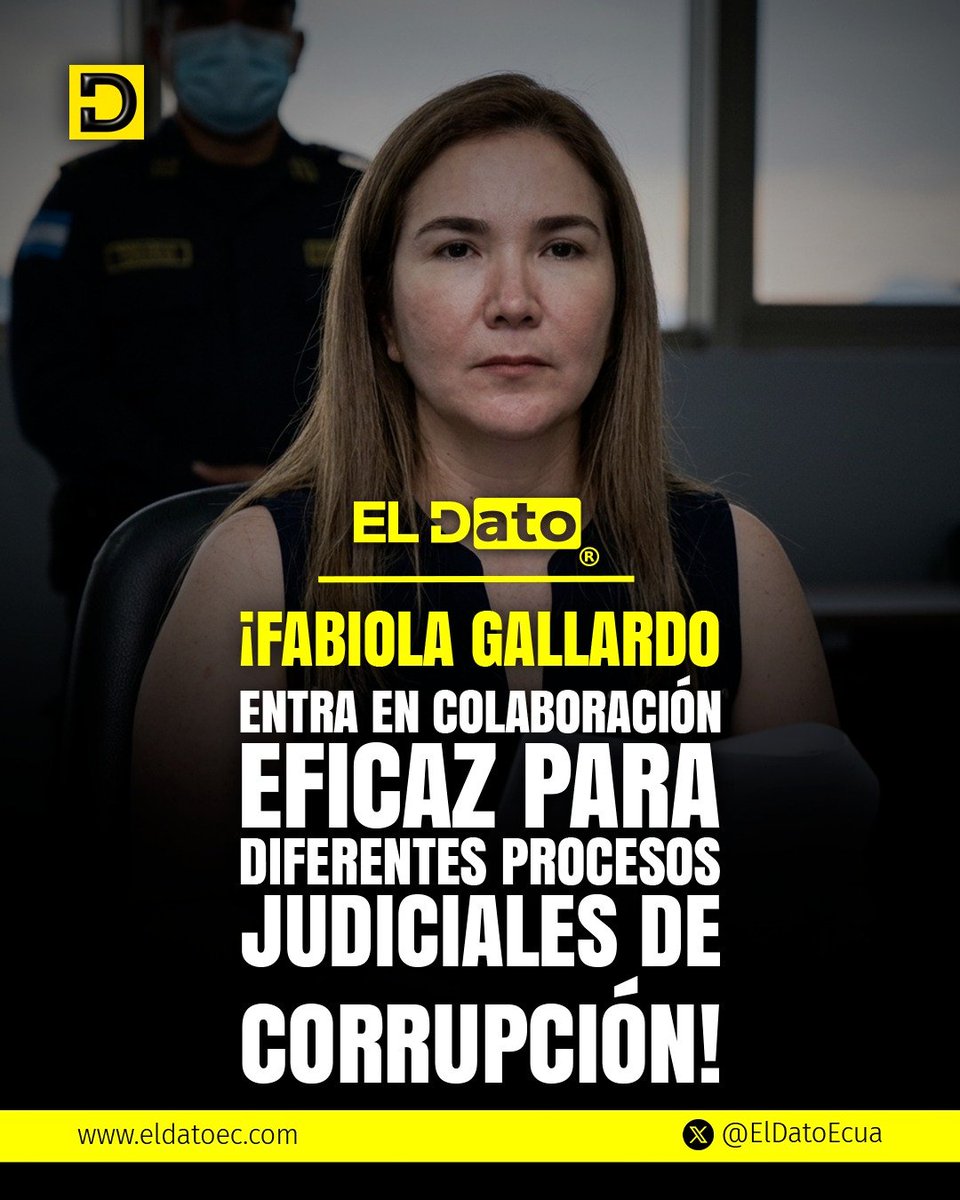 ElDatoEcua's tweet photo. #Urgente Fabiola Gallardo entra en colaboración eficaz para diferentes procesos judiciales de corrupción.

La expresidenta de la Corte Provincial de Guayas, Fabiola Gallardo, negocia una colaboración eficaz con la justicia.

Según información estaría dando detalles de los fallos dirigidos a gente allegada no solo al PSC, sino a otros actores políticos y empresariales. Gallardo está condenada en el caso Purga junto a Pablo Muentes, hombre de confianza del exalcalde Jaime Nebot.