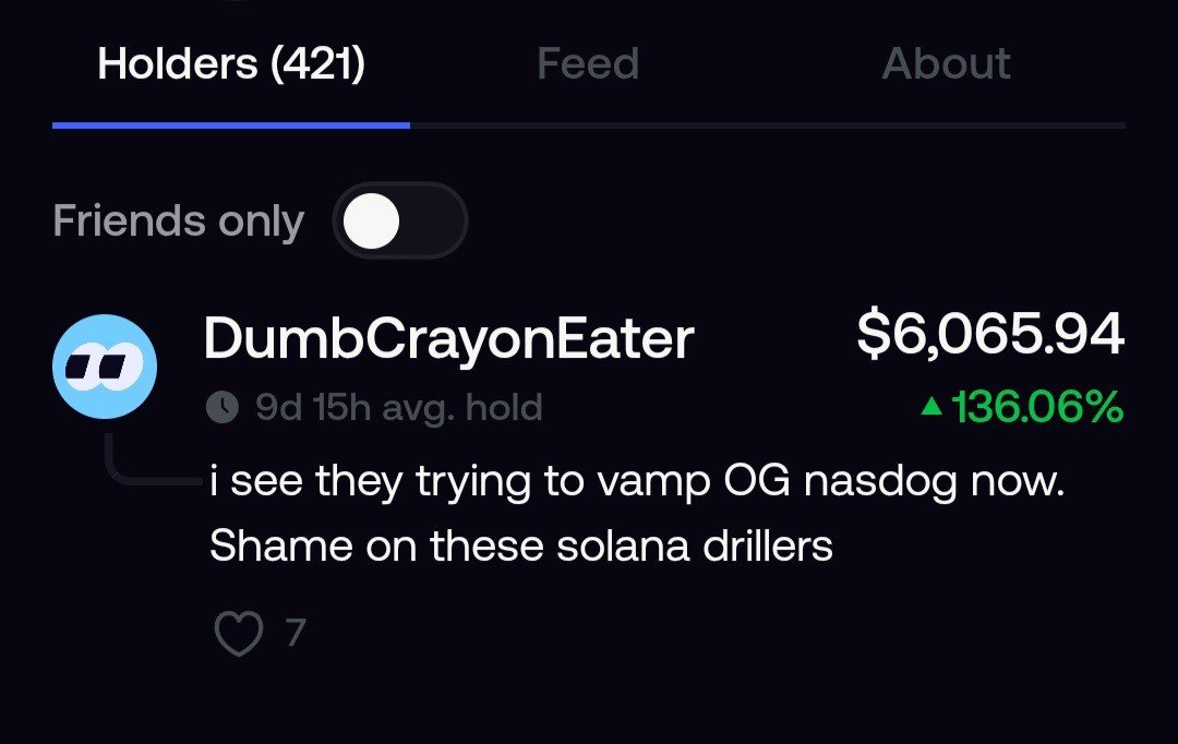 ScaredInvestor's tweet photo. Nasdog has been tried to be vamped 2 times in the last 9 days on @RobinhoodApp

Both times failed

That should tell you something 

Much respect to the @fomo legend DumbCrayonEater for stepping in and blessing us 🙏 

0xaC9BBA3f724dFbd6EC677684783D2DE2AAE05ad3 https://t.co/H1hnQRMFeG