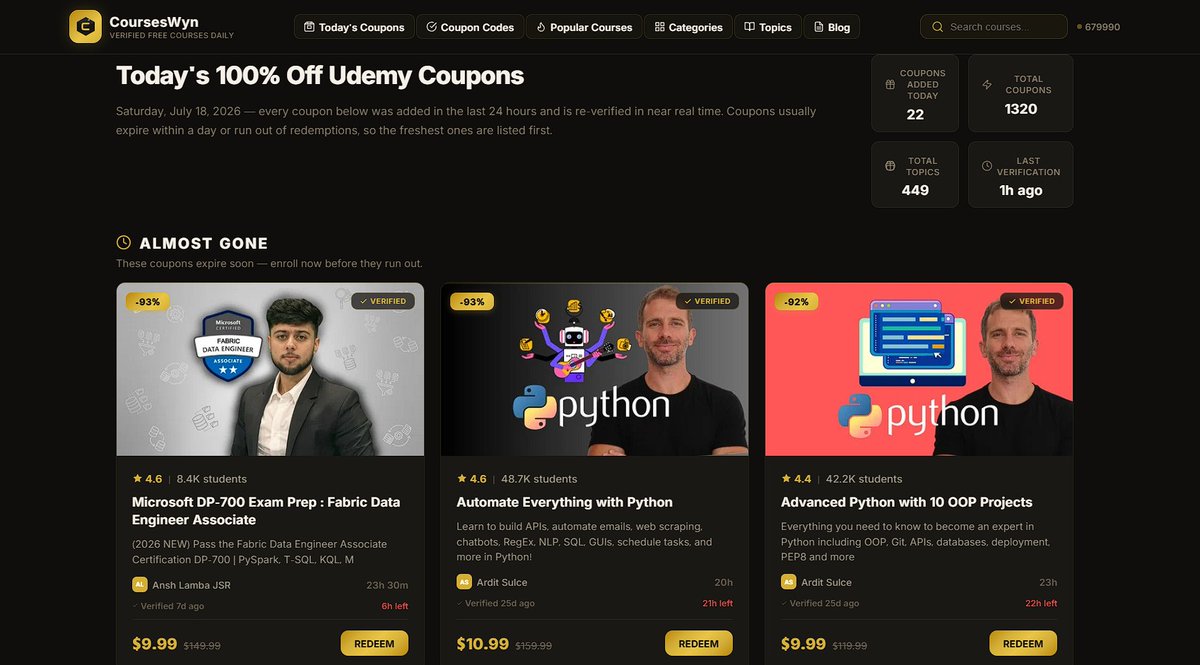 CoursesWyn's tweet photo. Udemy Coupons Today (July 18, 2026) — 22+ Udemy Free Courses &amp; Discount Deals Up to 94% OFF | Java, Spring AI, ROS 2 Robotics &amp; Blender 3D 

All 22 codes verified and active as of Saturday, July 18, 2026. 

Full list → https://t.co/Gys9oIs5KG 

#udemycouponstoday https://t.co/u6bVtN3ApY