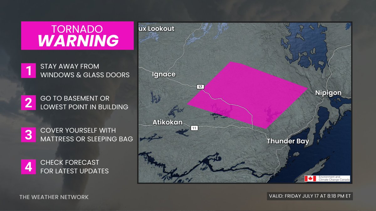 weathernetwork's tweet photo. A TORNADO WARNING has been issued in northern Ontario Friday evening for the Upsala-Raith region. If you are in this area and see a storm approaching, take shelter immediately. #ONstorm #ONwx https://t.co/ThCxcYphAn