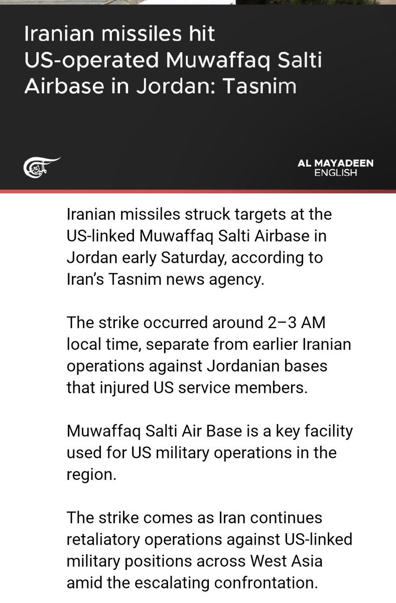 14wombat1's tweet photo. 18.07,26

"Iranian missiles struck targets at the US-linked Muwaffaq Salti Airbase in Jordan early Saturday, according to Iran’s Tasnim news agency."

"The strike occurred around 2–3 AM local time, separate from earlier Iranian operations against Jordanian bases that injured US service members."