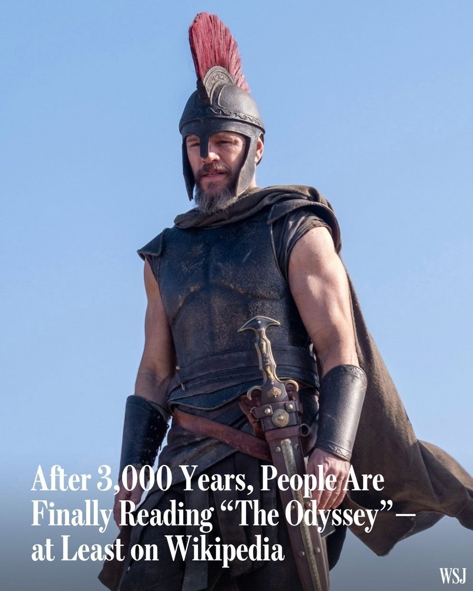WSJ's tweet photo. It took thousands of years but people are finally reading “The Odyssey”—or at least learning it’s not an original screenplay. 🔗 https://t.co/u1sAe6e3gV https://t.co/55BfkRNCzc