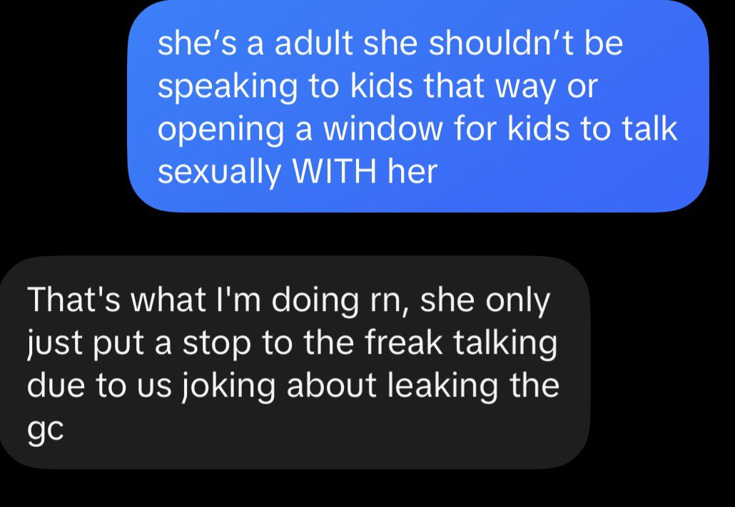 ryusaesgf's tweet photo. Hi not only that flora did not care about or even address the things she was saying to minors in this group chat or the things they were saying to her until people were making jokes about leaking the gc. Only then is when she put a stop to the sexual conversations. - https://t.co/cI0LbsTB8B