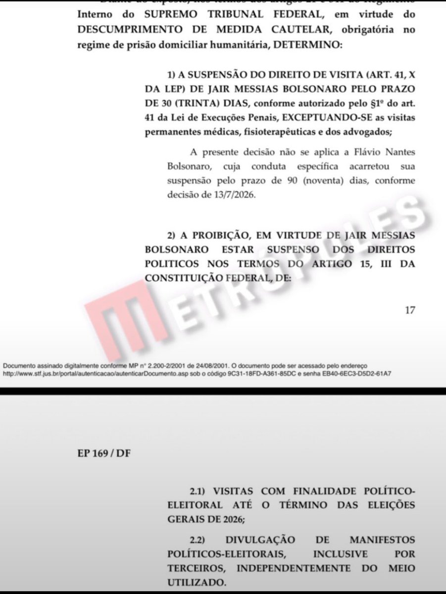 movadvdireitabr's tweet photo. Até o fim das eleições, proibidas visitas com “finalidade política”. E, como se não bastasse, ainda há restrições que atingem a atuação do advogado constituído.

Na prática, BOLSONARO É UM PRESO POLÍTICO! Isso não tem aparência de medida cautelar. Democracia não combina com restrições dessa amplitude.

“Irmão em Cristo”