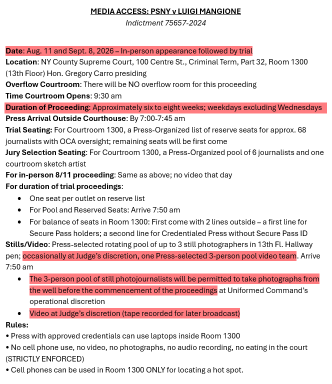 Luigi_Archive's tweet photo. 🚨BREAKING: Luigi's NY state court has released the press plan for his upcoming trial. It will last 6-8wks, 4 days/week (~24-36 days in total). Press will only be allowed to take photos before hearings begin. "Occasionally" video recording will be permitted at judge's discretion. https://t.co/wQ5n5ErQfj