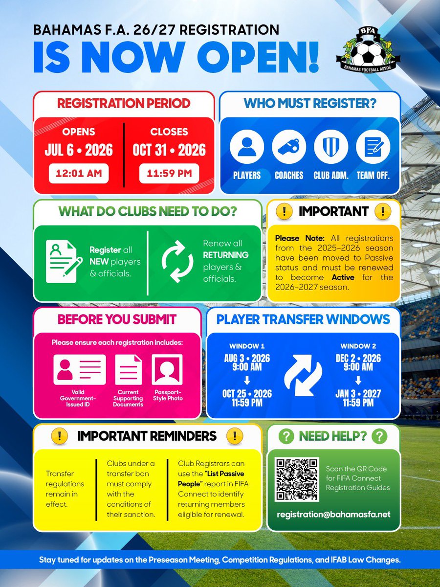 BahamasFootbal1's tweet photo. 🚨 BFA 2026/27 Registration is NOW OPEN! ⚽🇧🇸
🗓️ July 6 – Oct. 31, 2026
Players, Coaches, Club Admins & Team Officials—register before the deadline!
📧 registration@bahamasfa.net
#BahamasFA #FootballBahamas #RegistrationOpen https://t.co/ba05sXDd0G