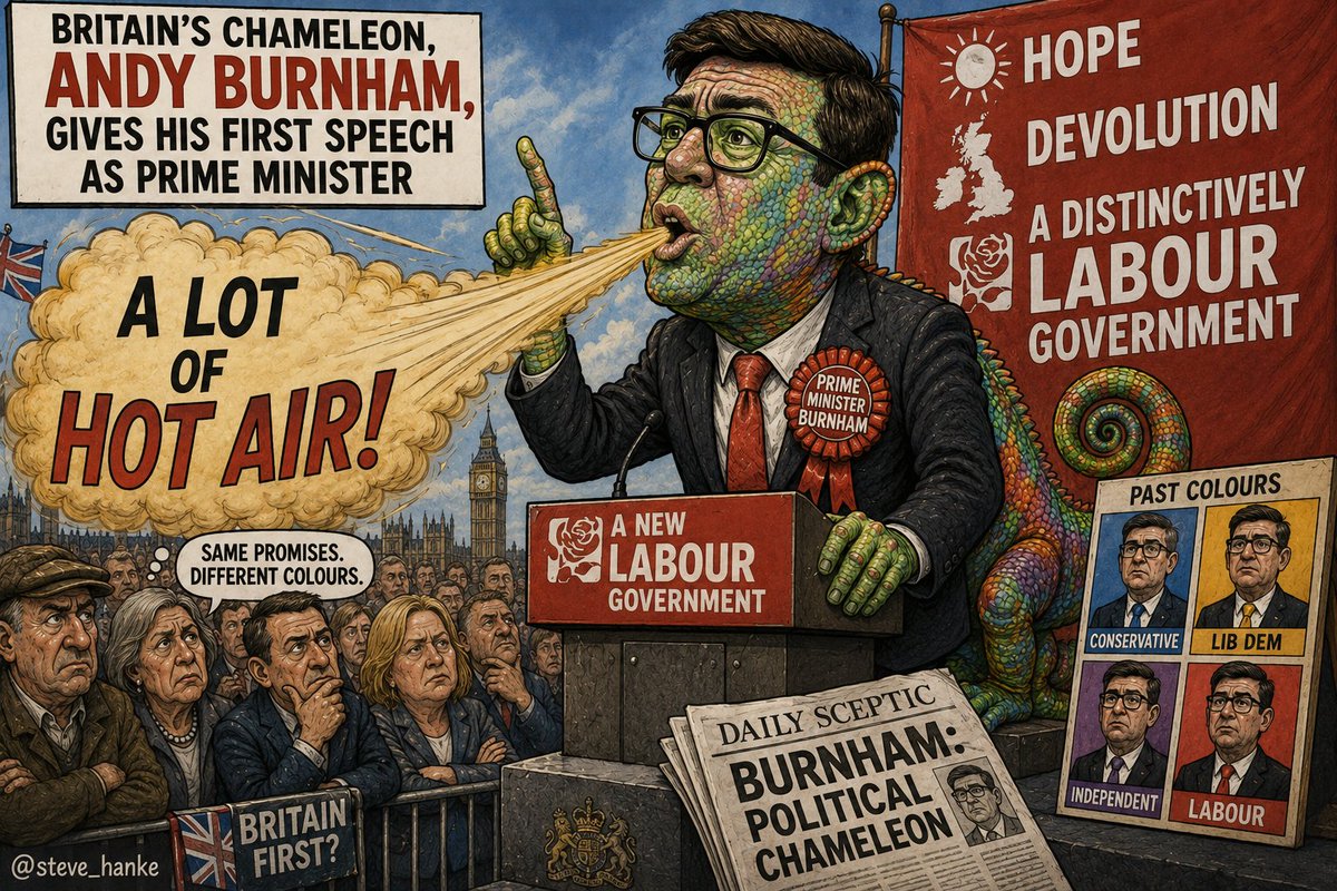 steve_hanke's tweet photo. #UKWatch🇬🇧: Britain’s CHAMELEON, Andy Burnham, gave his first speech as Prime Minister.
He promised hope, devolution, and a distinctively Labour government.
BURNHAM = A LOT OF HOT AIR. https://t.co/B31VpoJzxm