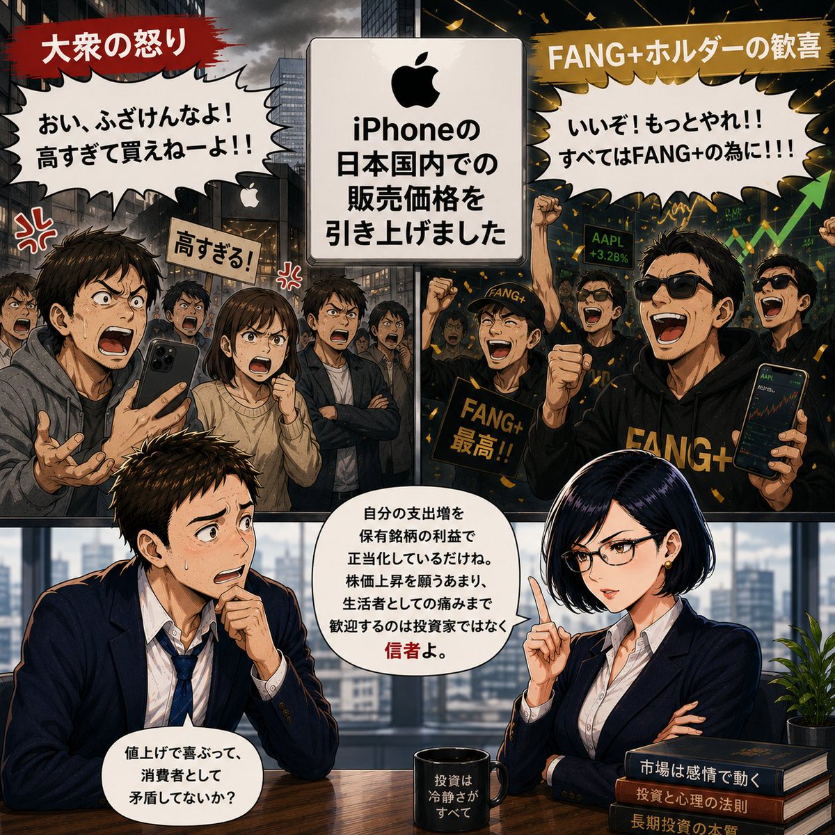 ex_trader's tweet photo. @TotoInvestor 田中「値上げで喜ぶって、消費者として矛盾してないか？」
レイコ様「自分の支出増を保有銘柄の利益で正当化しているだけね。株価上昇を願うあまり、生活者としての痛みまで歓迎するのは投資家ではなく信者よ。」 https://t.co/M82KBVM2yu