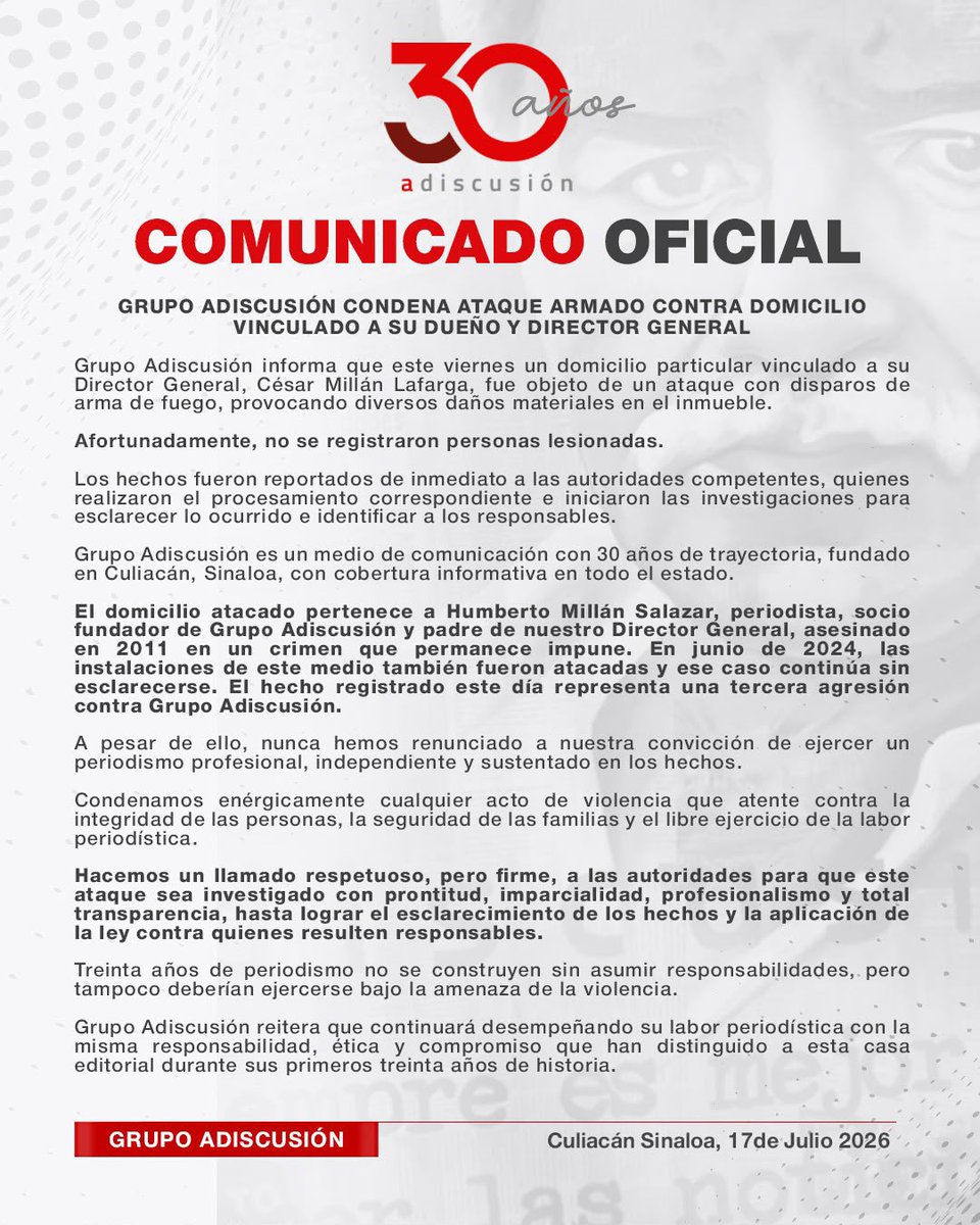 CanedoSibely's tweet photo. #LibExp 

Reportan nuevo ataque al Grupo Adiscusión en #Culiacán; ahora fue un atentado a balazos contra domicilio vinculado a su director, César Millán Lafarga; en junio de 2024 balearon sus oficinas, y en 2011 asesinaron a su fundador, Humberto Millán, crimen aún impune 👇 https://t.co/JlwOaSW93h