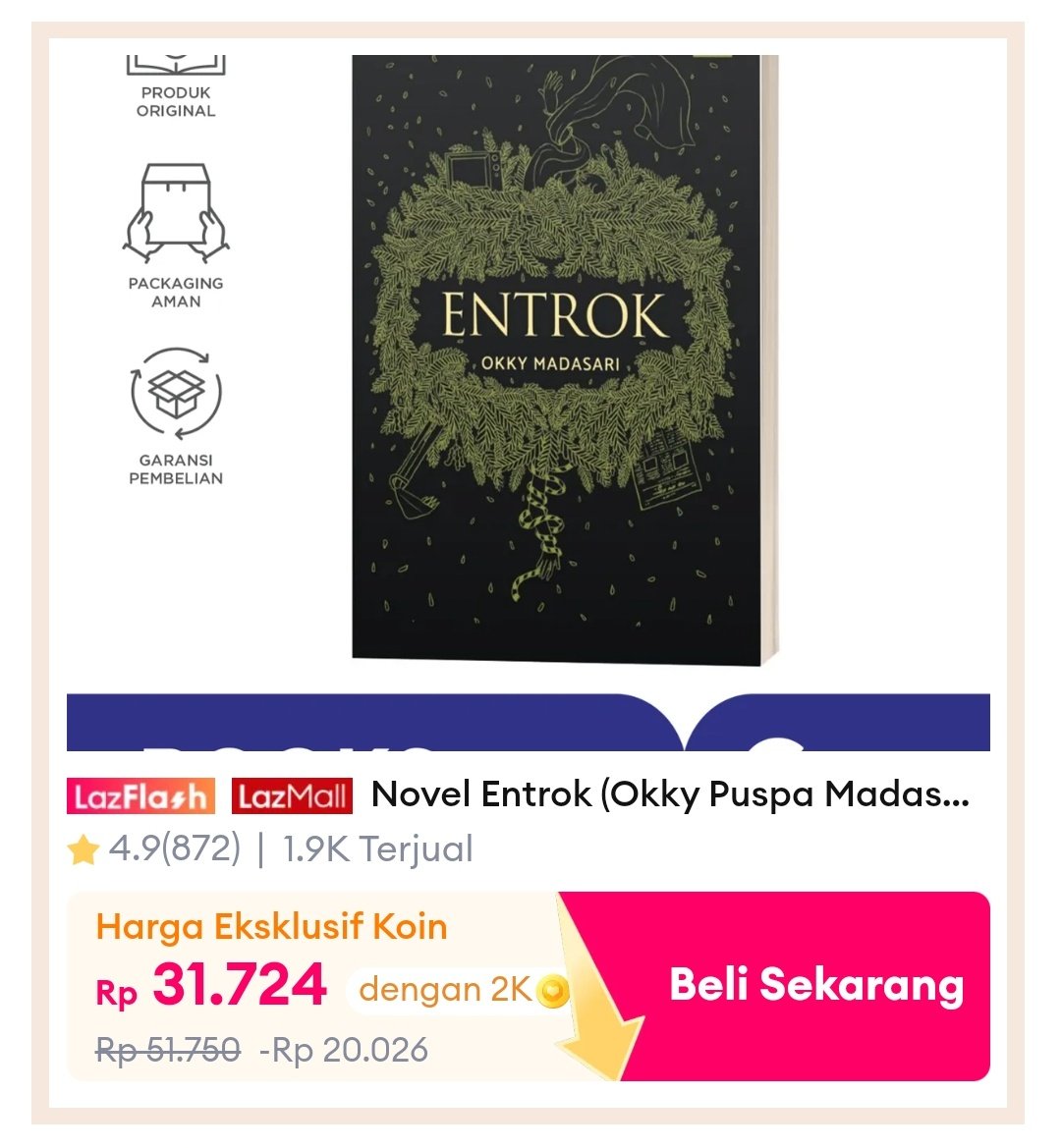 temuanku's tweet photo. ✨✨ PROMO DISKON BUKU NOVEL ✨✨

📚 Entrok - Okky Madasari

🏷 DISKON up to 64%
https://t.co/EQ62VSItFD

💵Tanpa koin: 51 ribuan
💵Dengan koin: 31 ribuan
*cek pinned post utk tips potongan koin

Tag lazada murah wts bukan preloved gramedia https://t.co/eNHVbz1tEZ