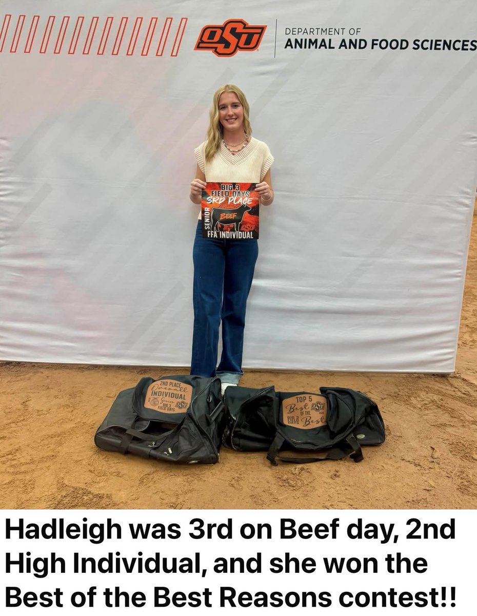 GWDsooner's tweet photo. BIG 3 LIVESTOCK JUDGING CONTEST AT OSU!  

Hadleigh kicked off her senior season with a bang and we couldn’t be more proud!

🏆Reserve High Individual Overall 
💥High Individual BEST OF THE BEST
🔥3rd High Individual Cattle 
⭐️All State Buckle Recipient https://t.co/EZOQ7cv1lg
