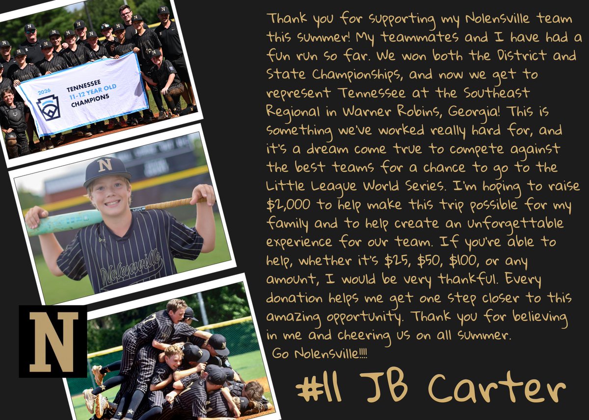 markcarteronx's tweet photo. 🏆 District Champions
🏆 Tennessee State Champions

Next stop: Warner Robins, GA!

The @NolensvilleLLB All-Stars are representing Tennessee at the Little League Southeast Regional. Win there, and it’s on to the Little League World Series in Williamsport, Pennsylvania!

Please see the message from JB and help us reach our goal of raising $2,000 for each family.

👉 https://t.co/E6UJSQSMCY

#RoadToWilliamsport #LittleLeague #Nolensville #StateChampions