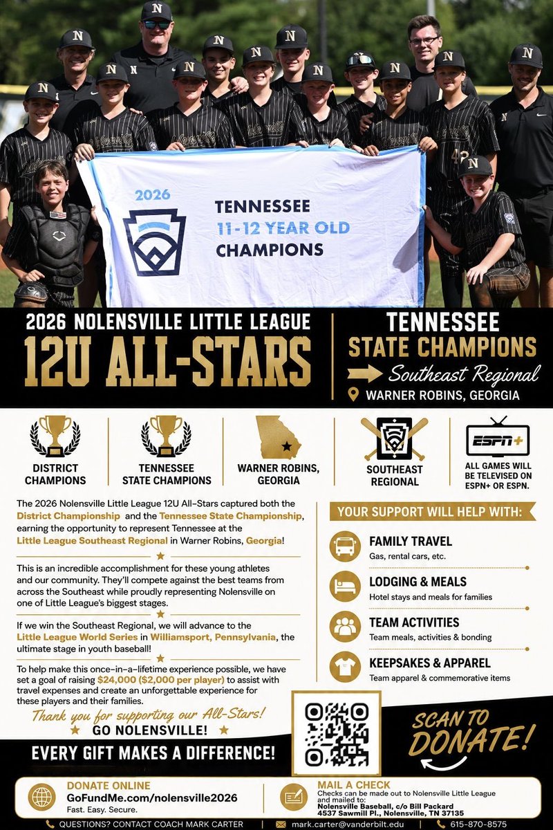 markcarteronx's tweet photo. 🏆 District Champions
🏆 Tennessee State Champions

Next stop: Warner Robins, GA!

The @NolensvilleLLB All-Stars are representing Tennessee at the Little League Southeast Regional. Win there, and it’s on to the Little League World Series in Williamsport, Pennsylvania!

Please see the message from JB and help us reach our goal of raising $2,000 for each family.

👉 https://t.co/E6UJSQSMCY

#RoadToWilliamsport #LittleLeague #Nolensville #StateChampions
