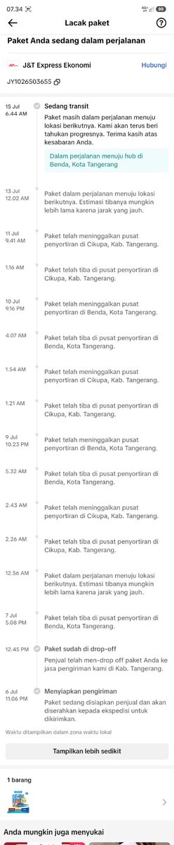 rizkivi_'s tweet photo. Tolong dong ini paket cuma muter muter di Cikupa-Benda Cikupa-Benda terus. Padahal pesan sejak tgl 6 Juli, sudah hampir 2 minggu paket belum diterima. Mau dibatalkan gak bisa.
@jntexpressid https://t.co/qCuSp97RKa