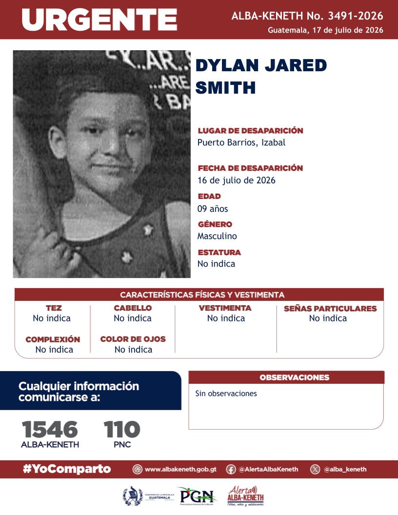 alba_keneth's tweet photo. #AlertaAlbaKeneth⚠️| Dylan Jared Smith de 09 años de edad. Desapareció el 16 de julio de 2026, en Puerto Barrios, Izabal

🔁Comparte y ayúdanos con su localización.
📞Si tienes información llama al 1546. #YoComparto https://t.co/c1lRirRHzh