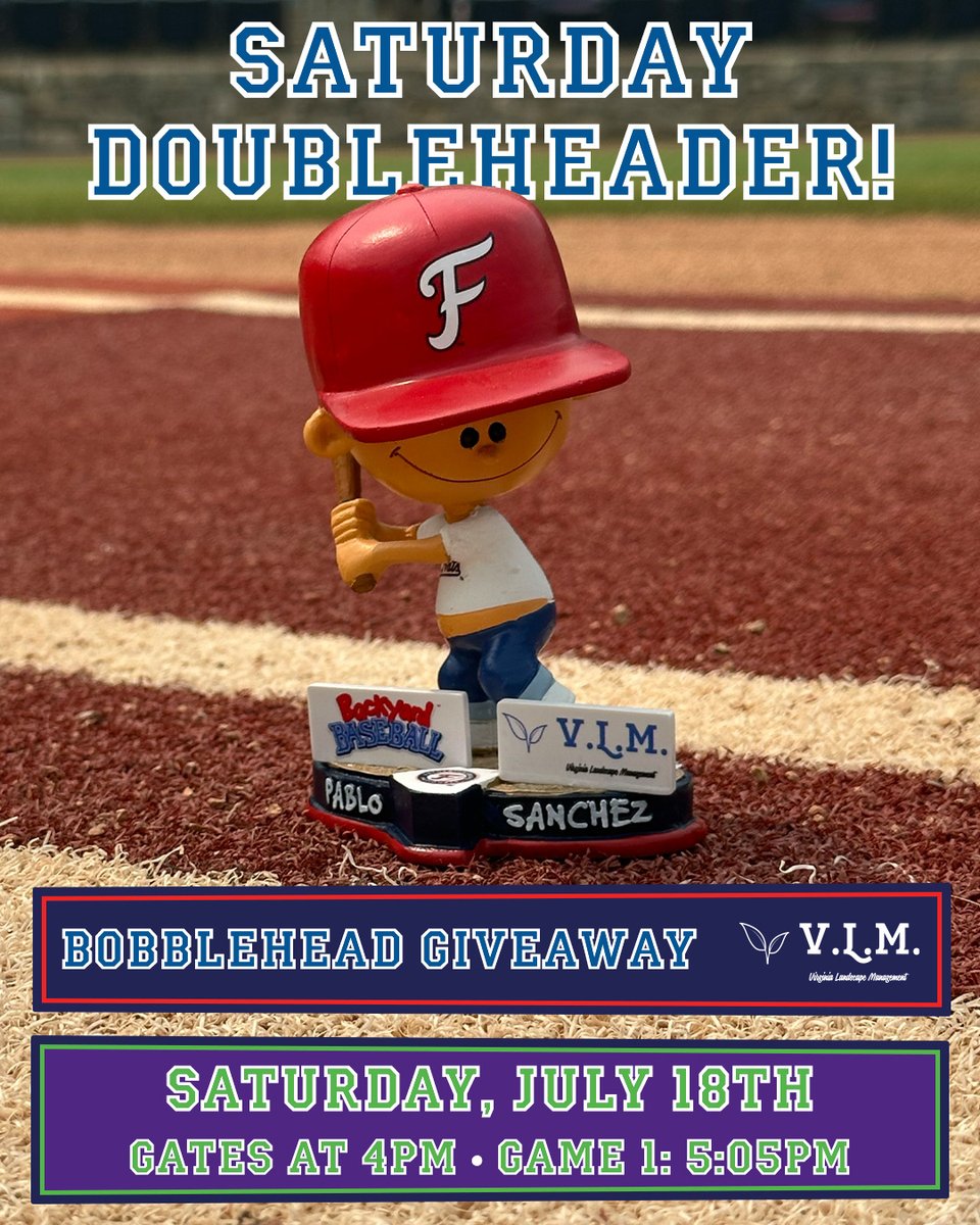 FXBGNats's tweet photo. A Saturday doubleheader is coming right up! 🤩

⭐️Gates open at 4pm
⭐️ Pablo Sanchez Bobblehead ➡️ first 1,000, courtesy of Virginia Landscape Management.
⭐️ Glow party jerseys game 1
⭐️ Backyard Baseball jerseys game 2
⭐️ Post-game glow party

First pitcj of Game 1 is at 5:05pm! https://t.co/XA9nKHw3OF