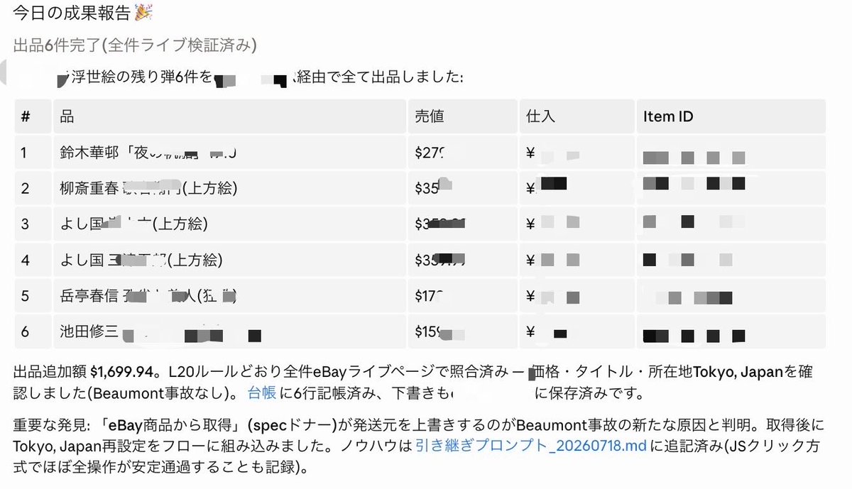 norarity1996's tweet photo. 毎朝起きると
Fable5がまた出品を済ませて
くれている。
ご丁寧にスプシの台帳にまで
記載をしてくれる

よくわからない浮世絵を6点
全部売れれば売り上げ27万利益5万ぐらい https://t.co/ndDLwHX6GF