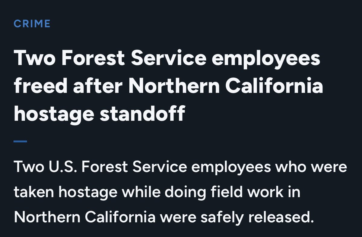FBIDirectorKash's tweet photo. Yesterday and into the early morning hours of today, the FBI responded to a hostage situation in Shasta-Trinity National Forest in Redding, CA – where two individuals took two U.S. Forest Service biologists as hostages. 

FBI Sacramento, including our Crisis Negotiators, SWAT Team, and Evidence Response Team all arrived on scene, including a tactical deployment of our Hostage Rescue Team from Quantico. After nearly 10 hours of negotiations, the hostages were safely released – and subjects Joseph Henrichsen and Phoenix Henrichsen surrendered and were immediately taken into custody. 

I am proud of the immediate and professional work of these elite FBI teams to assist our partners for a safe and successful resolution.
