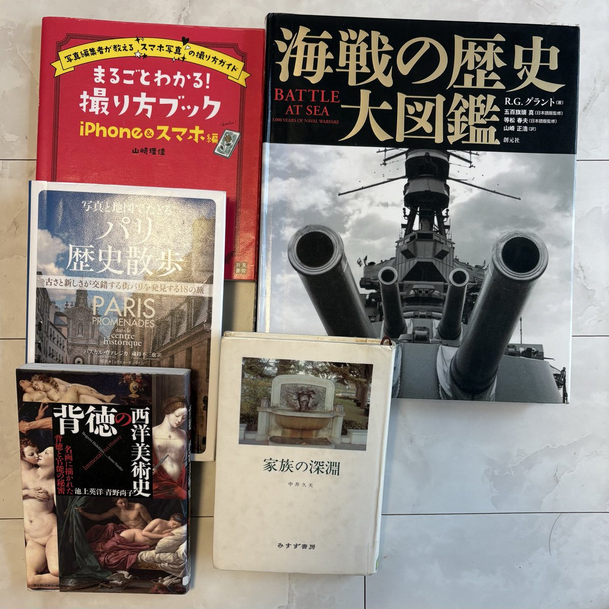 uto_midori's tweet photo. 海戦の歴史大図鑑
まるごとわかる！撮り方ブックiPhone＆スマホ編
写真と地図でたどるぱり歴史散歩
背徳の西洋美術史
家族の深淵、中井久夫

#今日借りてきた本 https://t.co/EadiSavT2n