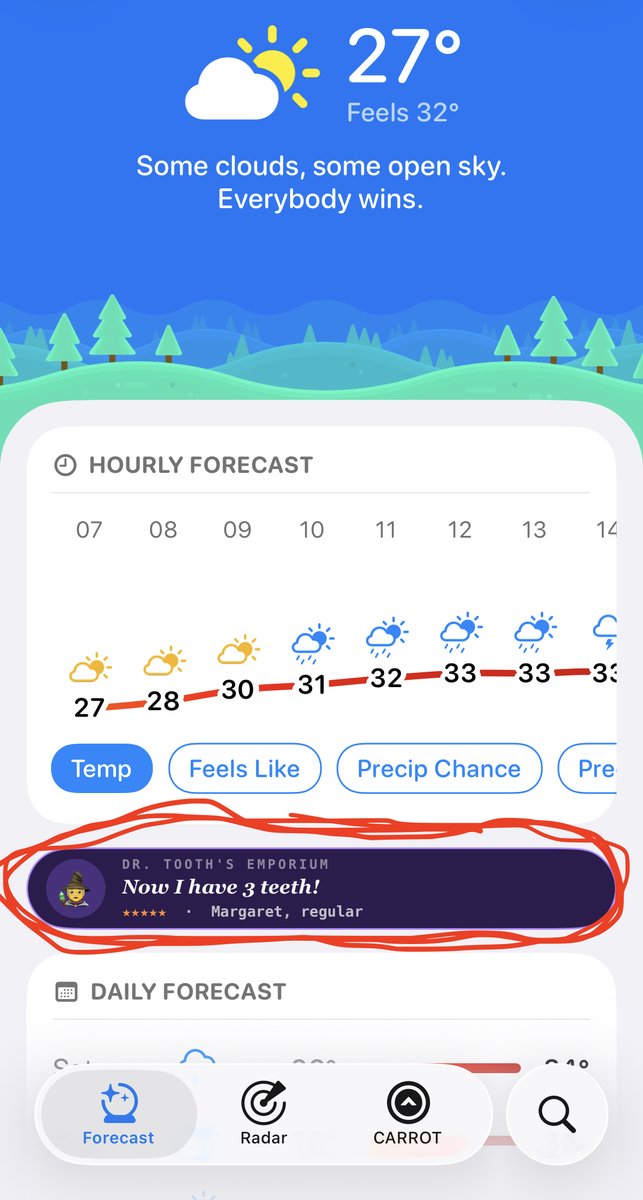 Askechr's tweet photo. I recently came across the Carrot weather app, and love it. Believe it or not, one of my favorite things is the ads!

You can pay to remove them, but they aren’t even real 😂 https://t.co/52BAsRnBOc