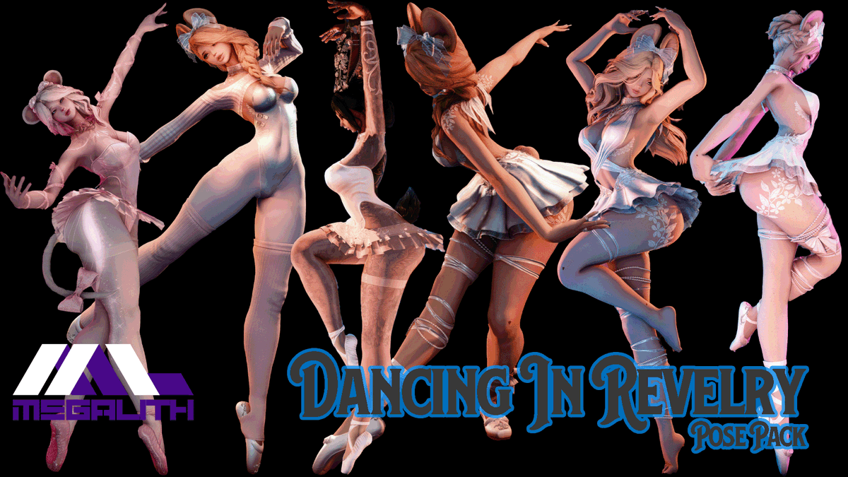 MegalithActual's tweet photo. Sorry for the long wait! But at long last, another Mega Pose Pack is upon us! Break out your point shoes, it's time for some ballet. Announcing "Dancing In Revelry"! Thank you again to my lovely models! 
@VerityV_TPWBYT 
@Secsee 
@kruwu_ 
https://t.co/JS1VNr2MJY https://t.co/601dKtWS8I