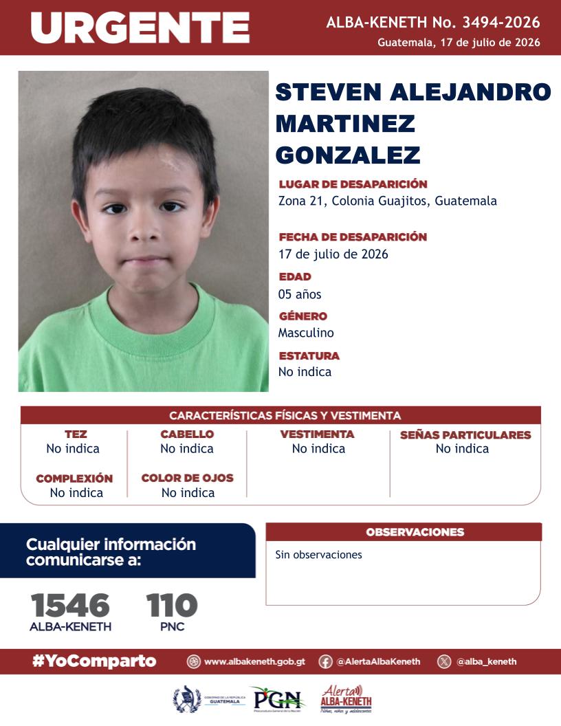 alba_keneth's tweet photo. #AlertaAlbaKeneth⚠️| Steven Alejandro Martinez Gonzalez de 05 años de edad. Desapareció el 17 de julio de 2026, en Zona 21, Colonia Guajitos, Guatemala

🔁Comparte y ayúdanos con su localización.
📞Si tienes información llama al 1546. #YoComparto https://t.co/oRgYLrQGAa