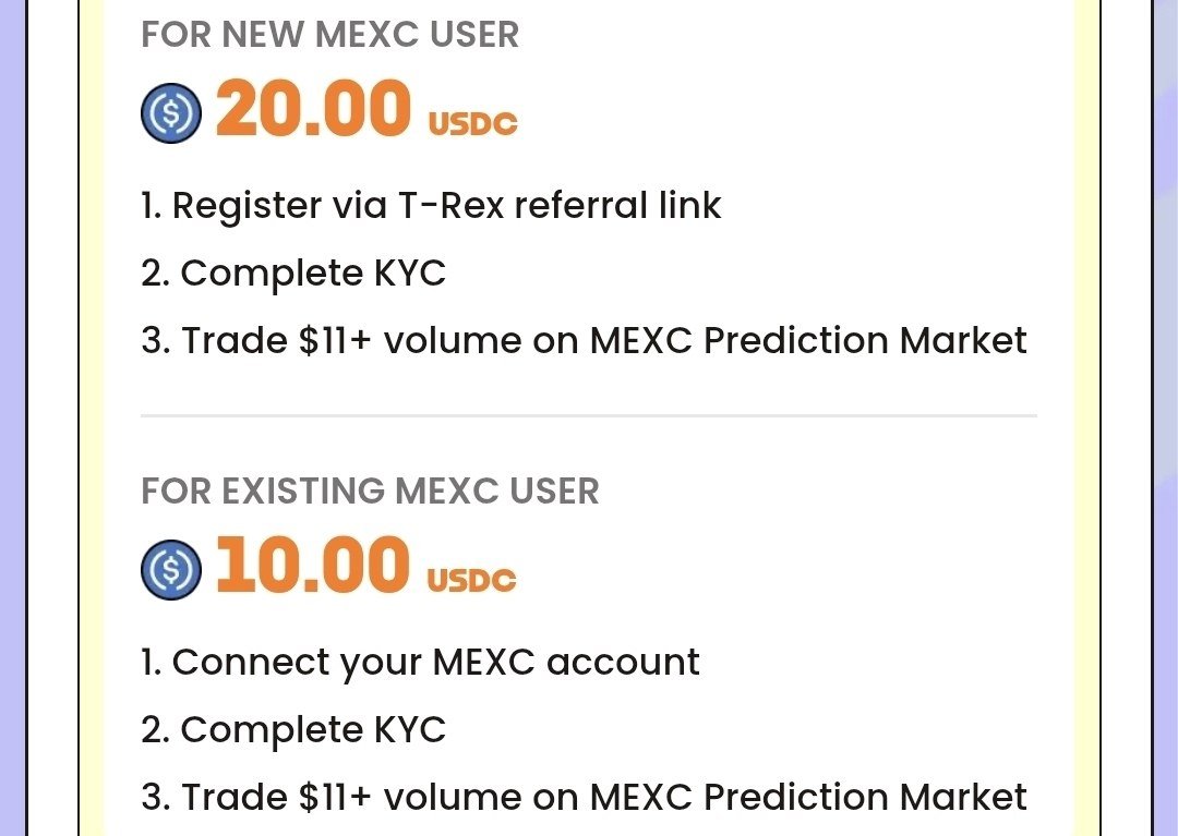 ChukxInnocent's tweet photo. *TREX MexC Predict Campaign* ~ Get $10 - $20 USDC

> *Reward Pool* : $100,000 USDC
> *New MexC Users* : $20 USDC
> *Old MexC Users* : $10 USDC

🔗 Details: https://t.co/epPINVSTex

⚠️Incase wallet refuse to connect, use brave browser. Complete Quest 4 if you can or ignore it. https://t.co/11JKCQ6kQ3