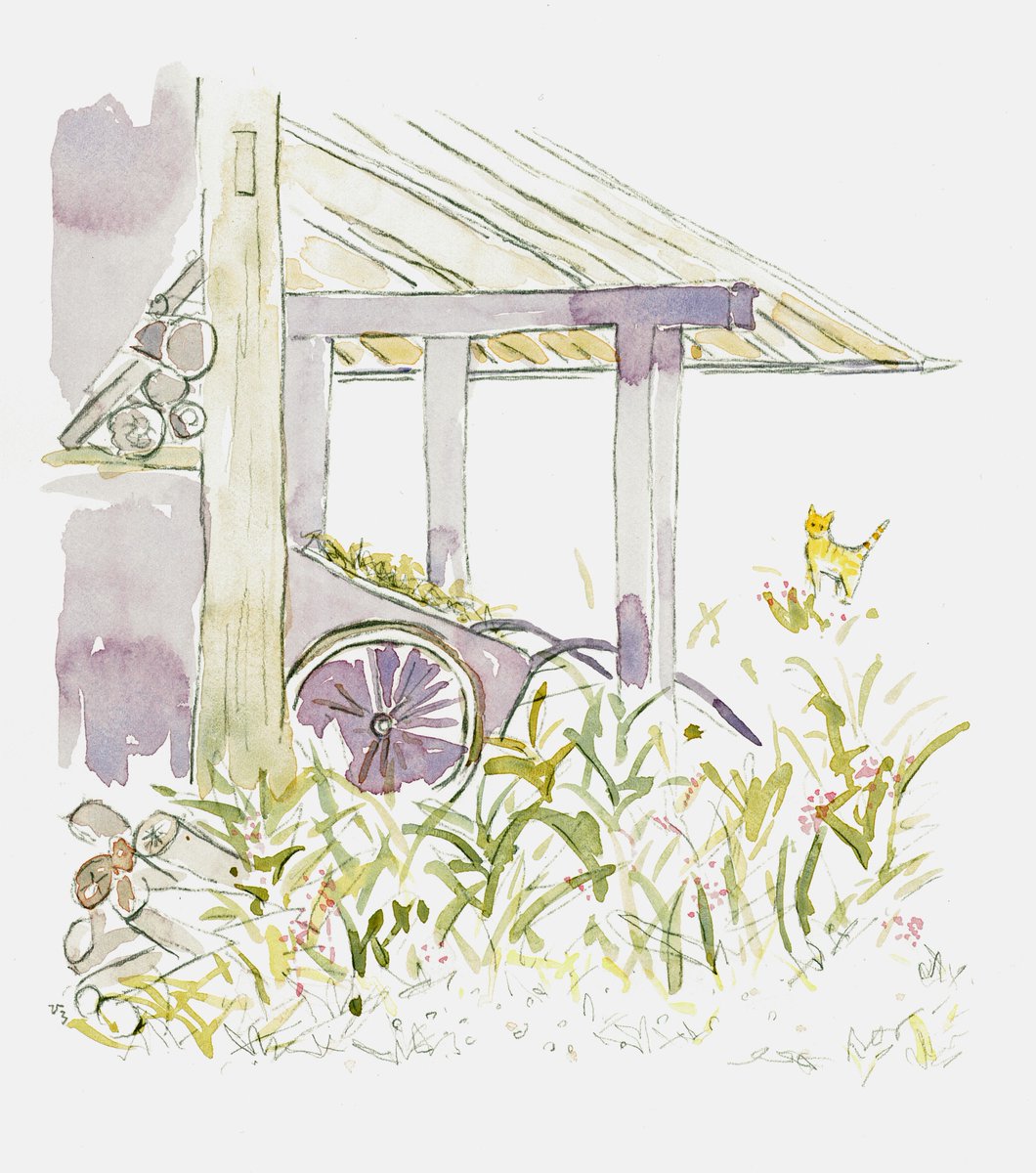 naturalhouse4's tweet photo. 農具小屋の猫。
愛知は久しぶりの雨で草木がほっとしています。船で20分のところにある佐久島の絵。
＃猫の絵 https://t.co/Nb3ytOGcXS