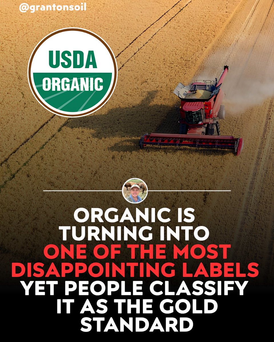 grantonsoil's tweet photo. Organic Is Turning Into One Of The Most Disappointing Labels Yet People Classify It As The Gold Standard

Organic certification is essentially a rulebook and a fee. Pay up, and you get the label, with no requirement that the food actually builds soil health or improves the land it came from

Certified organic farms can still be large scale monocultures, use USDA approved pesticides, heavily till their soil, and ship food 1,500 miles

Many farmers operating at standards far higher than organic refuse the certification entirely because they see it as a profit funnel rather than a genuine measure of how food is actually grown

Regenerative agriculture builds on organic principles while requiring measurable soil health outcomes, creating more nutrient dense food