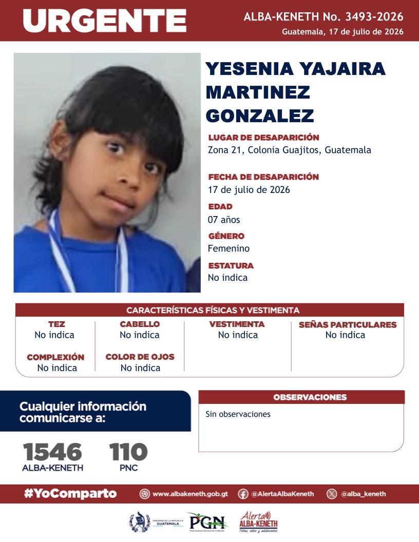 alba_keneth's tweet photo. #AlertaAlbaKeneth⚠️| Yesenia Yajaira Martinez Gonzalez de 07 años de edad. Desapareció el 17 de julio de 2026, en Zona 21, Colonia Guajitos, Guatemala

🔁Comparte y ayúdanos con su localización.
📞Si tienes información llama al 1546. #YoComparto https://t.co/Fm3sM5qEPj