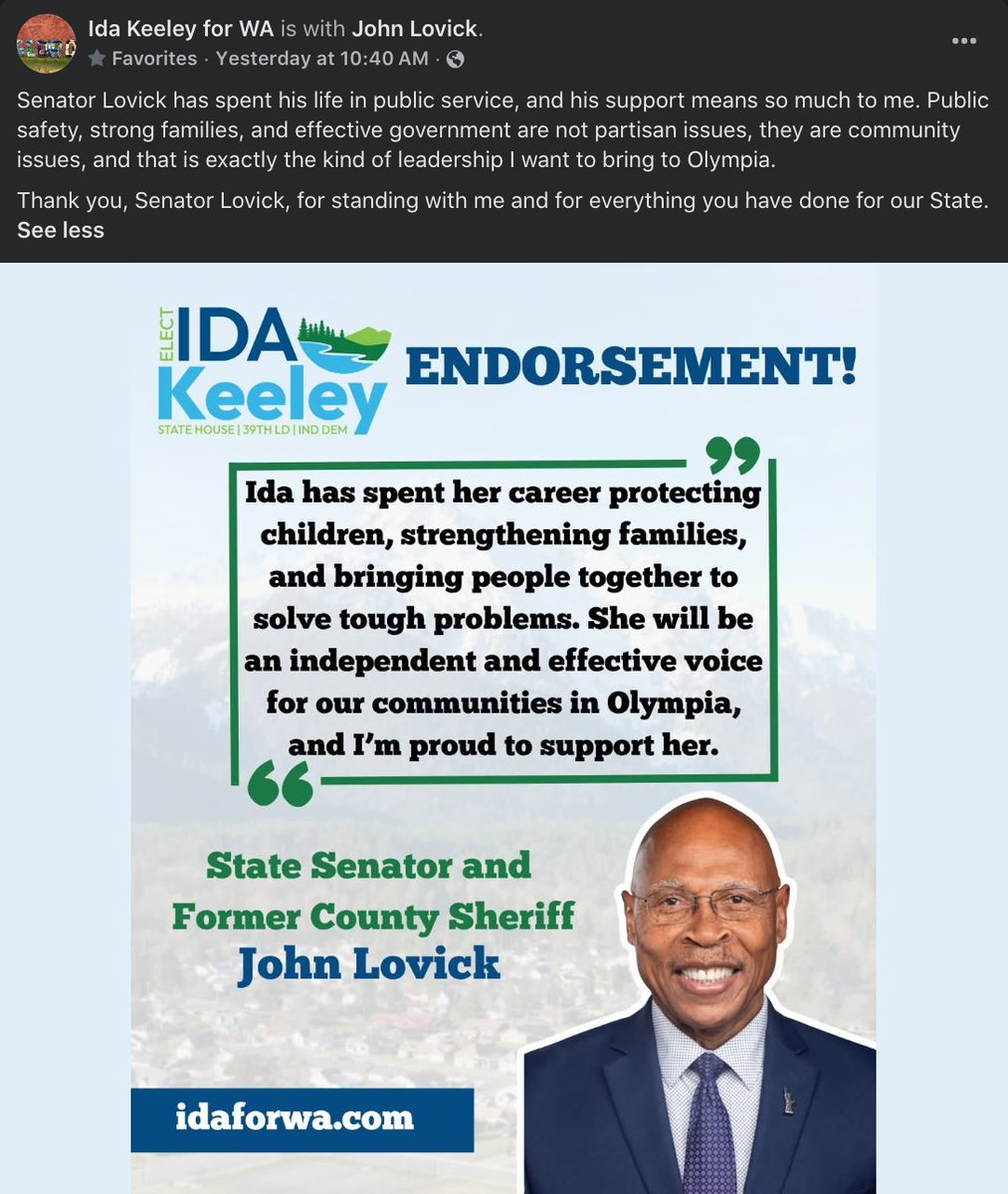 fin_kell's tweet photo. Tired of partisan politics doing nothing in Olympia? Me too - which is why I'm supporting Ida Keeley's campaign for the 39th district.
One of her MANY endorsements is from State Senator and Former Snohomish County Sheriff John Lovick. Check out his glowing words!
#IdaForWa https://t.co/tFfMwwv8hS
