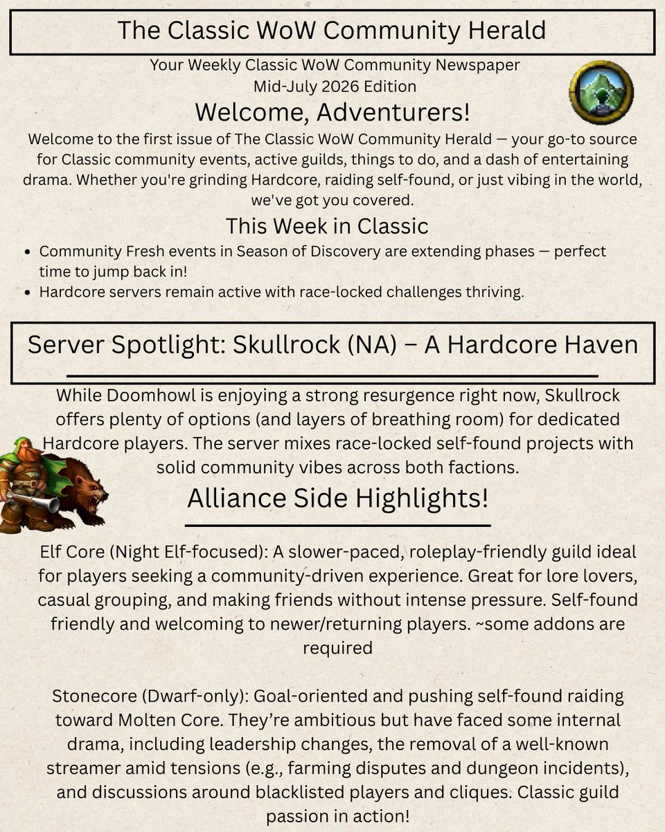 TruthJesse's tweet photo. ๐ฐ First Issue of The Classic WoW Community Herald is out! Skullrock guild spotlight (Elf Core, Stonecore, Ruthless Souls HC, DEADCORE) Submissions open. <3 #WoWClassic #ClassicWoW #WoWHardcore #Skullrock
@Warcraft @Shobektv @icyveins https://t.co/m6JjQ0YW6s