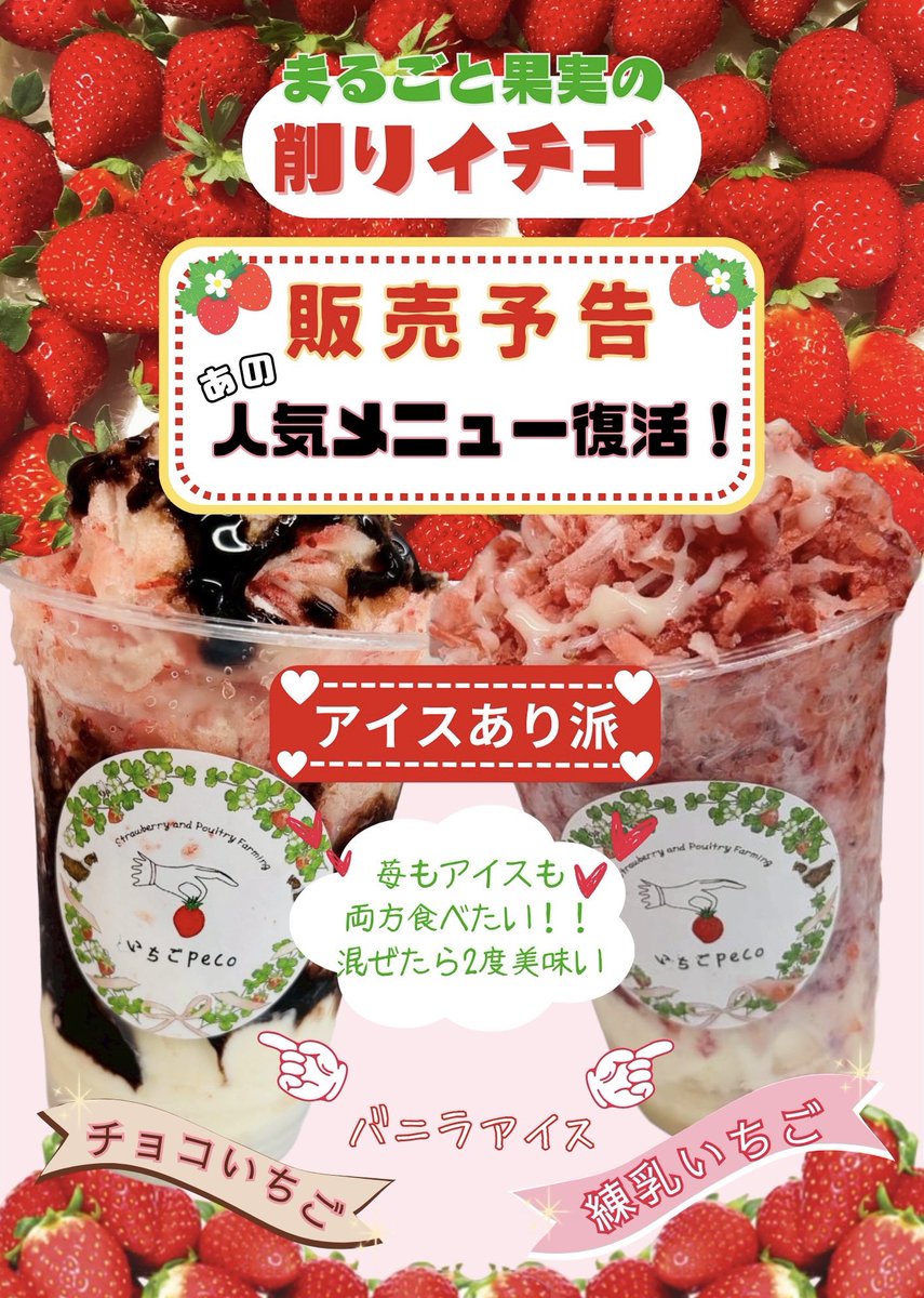 TomoyaFarmSt's tweet photo. 農家の直売パーラー『いちごPeco』は10:30〜Open &amp;予告です🍓

ともや農場の完熟したイチゴを凍らせ丸ごと削る【削りイチゴ】再販します
新メニューは、チョコソースか練乳かを選べるようになってるので全部で4つの味が楽しめます🍨
販売時期はまたお知らせ致しますので
楽しみにお待ちください🤤✨ https://t.co/bMTzpiJvGS