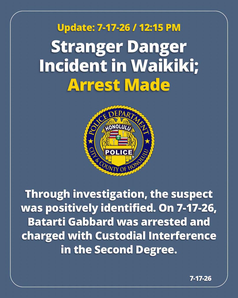 StolenStuffHI's tweet photo. HPD OFFICIAL
Through investigation, the suspect was positively identified. On 7-17-26, Batarti Gabbard was arrested and charged with Custodial Interference in the Second Degree.
#hawaii #stolenstuffhawaii #hpd #custodialinterference #arrested
#hawaii #stolenstuffhawaii #hpd https://t.co/aVdJk7H34Q