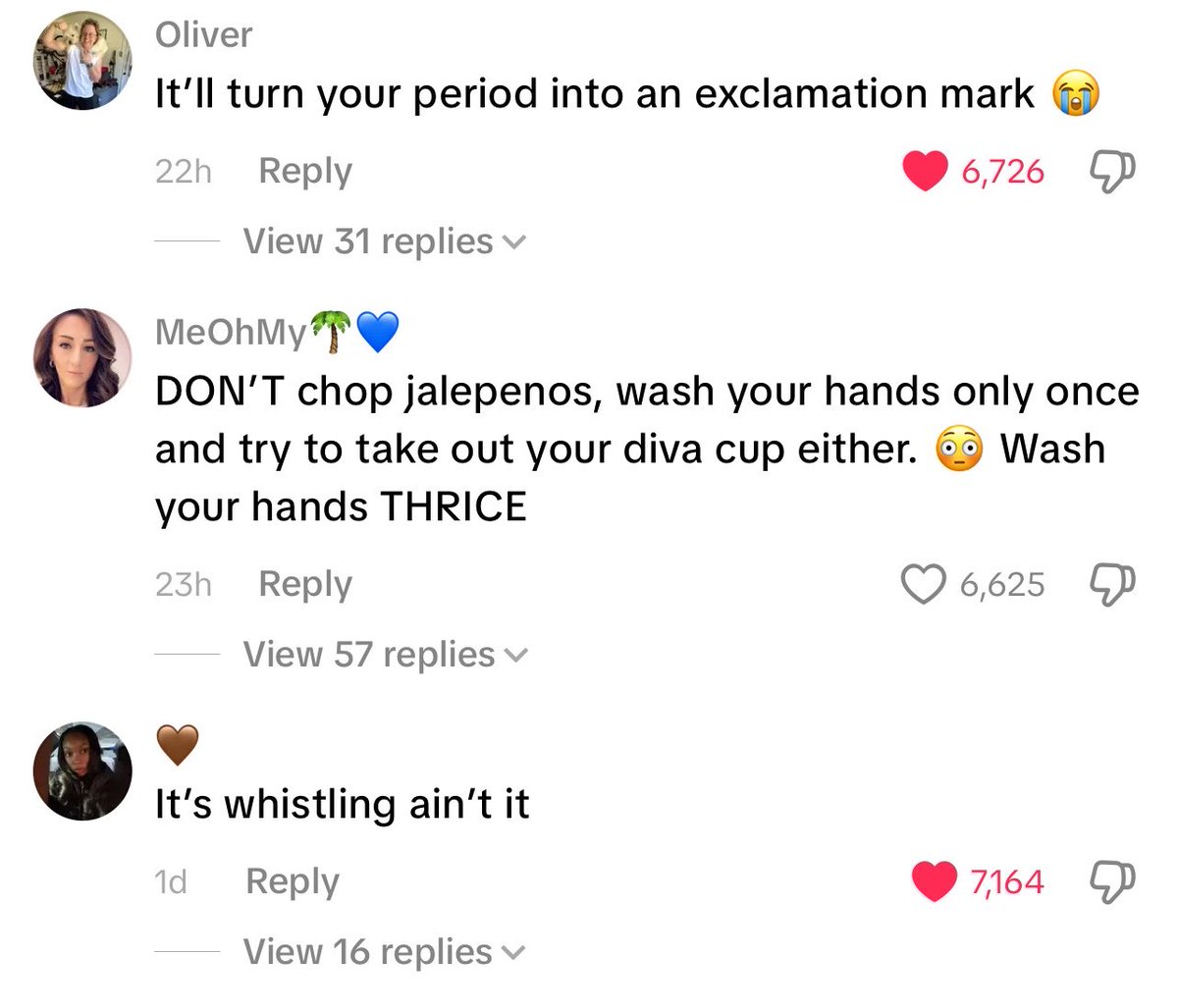 soggybrocoli's tweet photo. the comments of a tiktok where a woman said she washed her menstrual cup with peppermint soap and put it back in https://t.co/n5mz4iTXvy