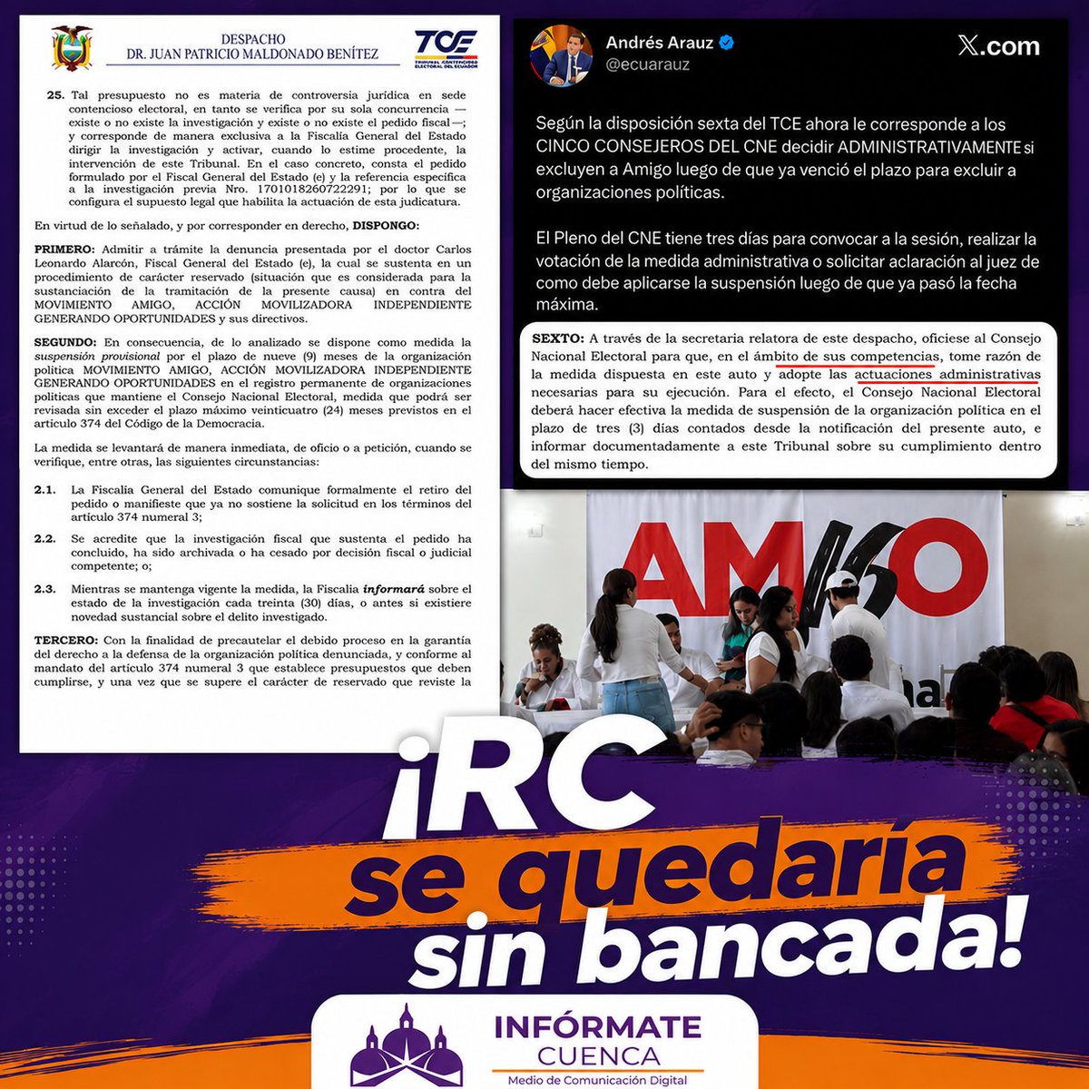 InformateCue's tweet photo. 🚨 ÚLTIMA HORA | El TCE dispuso la suspensión provisional por nueve meses del movimiento AMIGO, organización política vinculada al correísmo, dentro de una investigación por presunto lavado de activos. Ahora el CNE deberá ejecutar la medida y definir su aplicación.

#Ecuador #TCE https://t.co/KuVzv46Qub