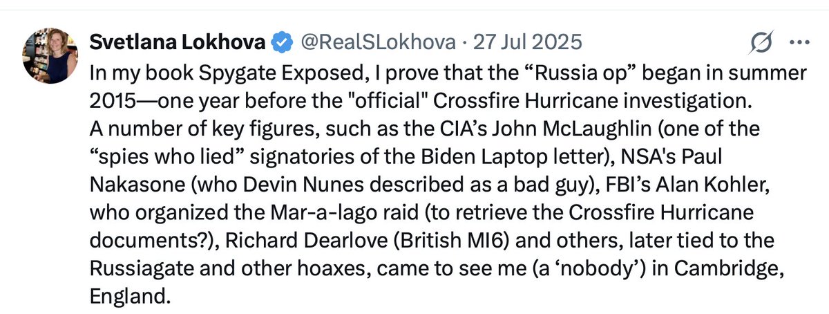 RealSLokhova's tweet photo. All the same people worked against President Trump for over a decade 

"Shadow government" Floris's boss, Alan Kohler, NSA head Paul Nakasone, CIA director Gina Haspel

All plotted against Donald Trump since 2015 

Read my book Spygate Exposed 
🔽🔽🔽
https://t.co/rNFdNBLzlx https://t.co/eQjwuxWJqI