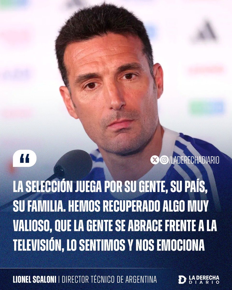 laderechadiario's tweet photo. 🚨🇦🇷 | EMOCIONANTE: Lionel Scaloni le dedicó unas sentidas palabras al pueblo argentino.

“La Selección juega por su gente, su país, su familia. Hemos recuperado algo muy valioso, que la gente se abrace frente a la televisión, lo sentimos y nos emociona”. https://t.co/OoCb0Zf7Ev