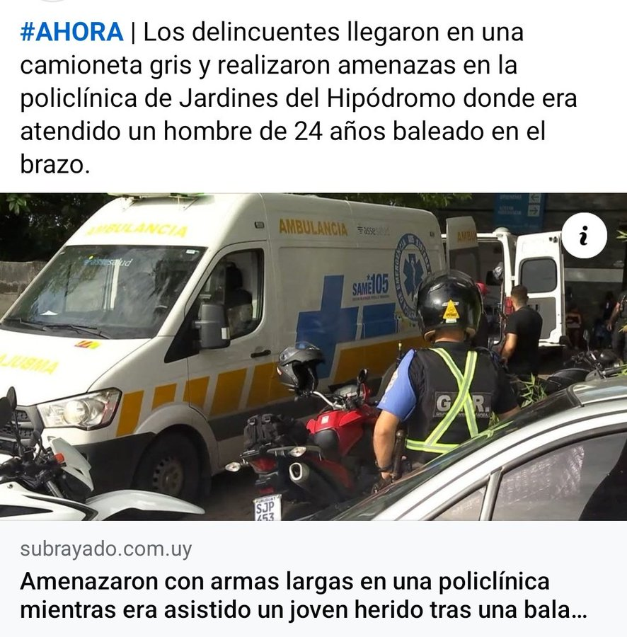 riverafrutos's tweet photo. ▪️1 Asesinato, Mataron a un preso de 35 años en el Penal de Libertad
▪️Nueva balacera y también tiroteo entre policías y delincuentes en el Marconi
▪️Un hombre de 31 años fue baleado en Manga
▪️Amenazaron con armas en una policlínica mientras era asistido un joven herido tras una balacera en Marconi
▪️Balaceras en Marconi, Conciliación, Cerro, Manga y Malvín Norte