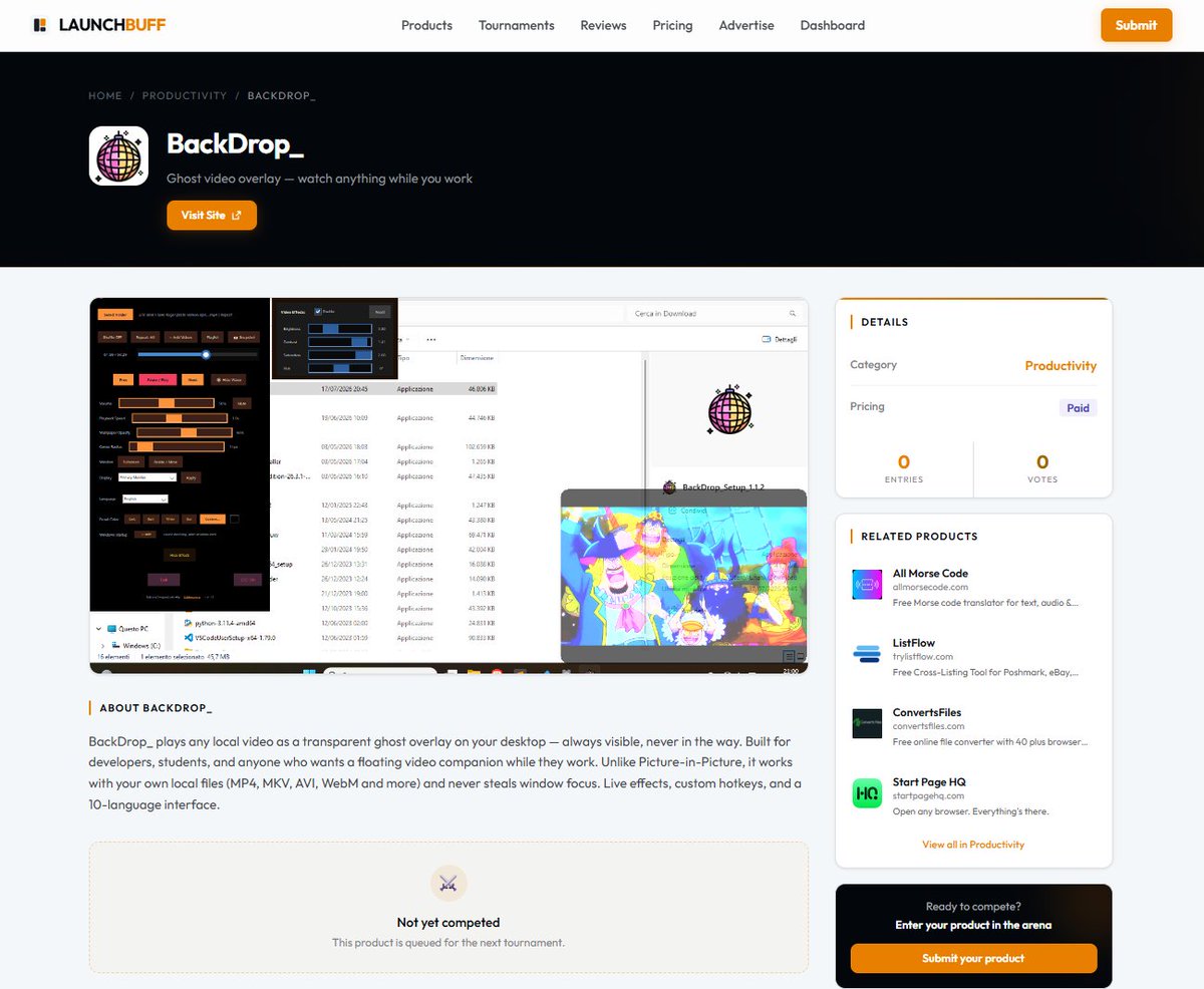 sublimeartsio's tweet photo. Just entered BackDrop_ into the arena on @LaunchBuff 🥊

Queued up for the next tournament — first time putting it head-to-head against other productivity tools. Kind of into the "let's see how it does" energy of it.

For anyone who hasn't seen it: BackDrop_ plays any local video as a transparent ghost overlay on your desktop — watch anything while you work, code, or study, no window-focus stealing.

Check it out / vote if you like it → https://t.co/BUXME30R2N

#buildinpublic #indiedev #productivity #windowsapp