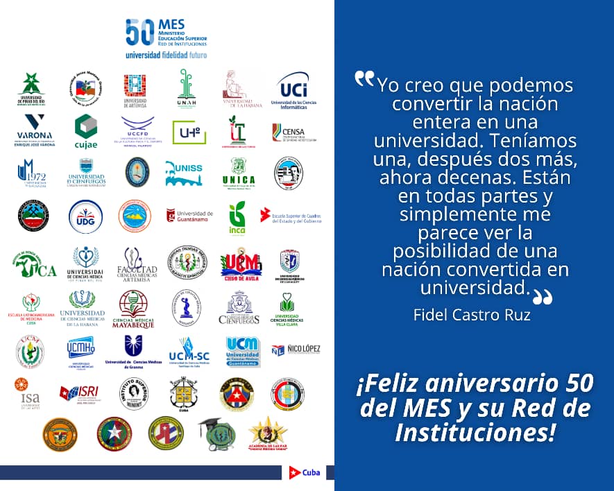 CubaMES's tweet photo. 🇨🇺 El @CubaMES celebra 50 años de historia, compromiso y entrega, en el año del centenario del natalicio de #FidelPorSiempre, cuyo legado guía y enaltece la #EducaciónSuperiorCubana.

🏛️ Medio siglo formando profesionales al servicio de la Patria.

💙 ¡Felicidades!✨👏

#Cuba https://t.co/57Cl6fXw0m
