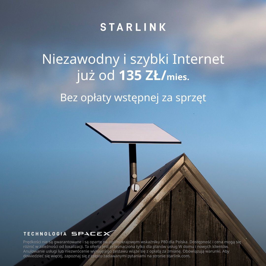 Starlink's tweet photo. Połącz się z szybkim, niezawodnym Internetem, który jest idealny do oglądania filmów, rozmów wideo, gier online i nie tylko.

Zamów online w kilka minut.