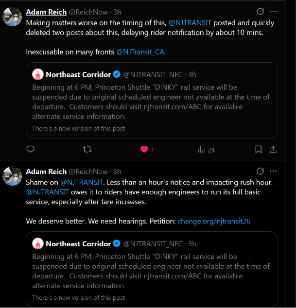 rudezoneNJT's tweet photo. NJ Transit deleted posts about not having enough engineers to run trains!

The Princeton "Dinky" shuttle is a disaster.

See posts below 👇

@GovSherrillNJ @NJTRANSIT @DawnFantasia_NJ https://t.co/a6NIR9hO5C