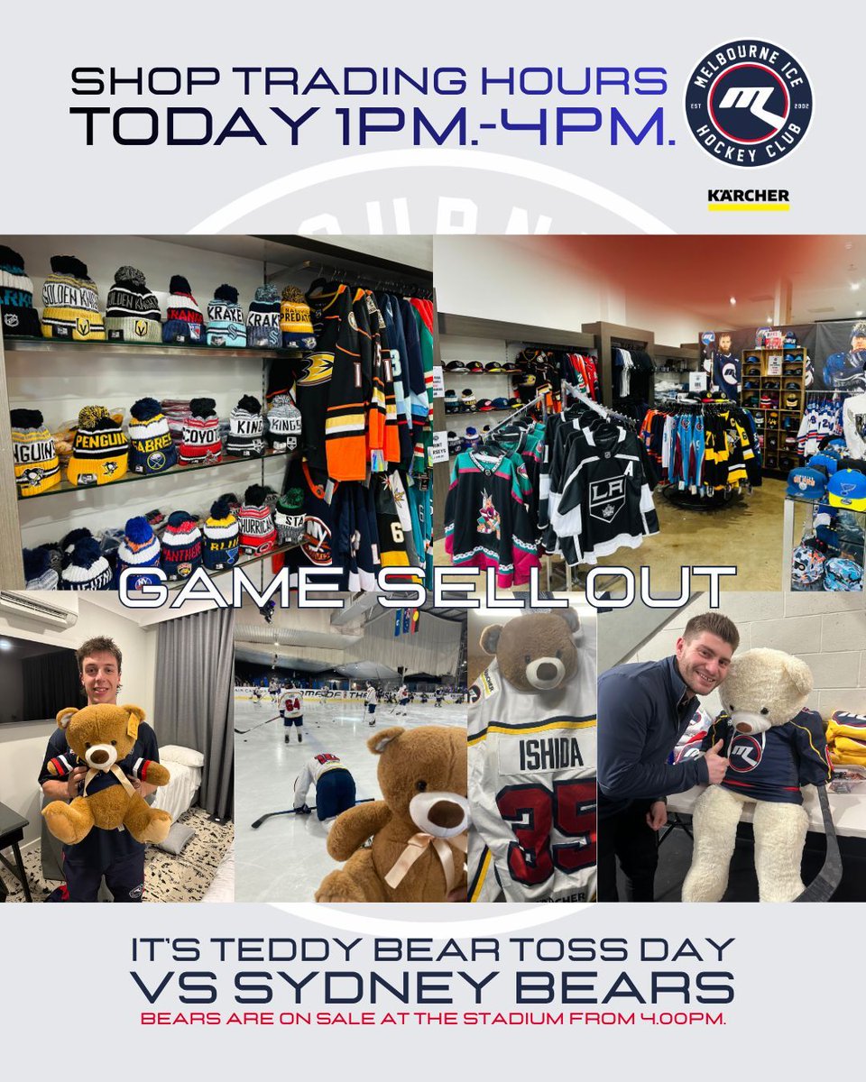 melbourneice's tweet photo. The ICE Store will be open from 1.00pm. today until 4.00pm. TEDDY BEARS and MERCH  will go on sale from 4.00pm. at the stadium. https://t.co/T9SKthNlcu