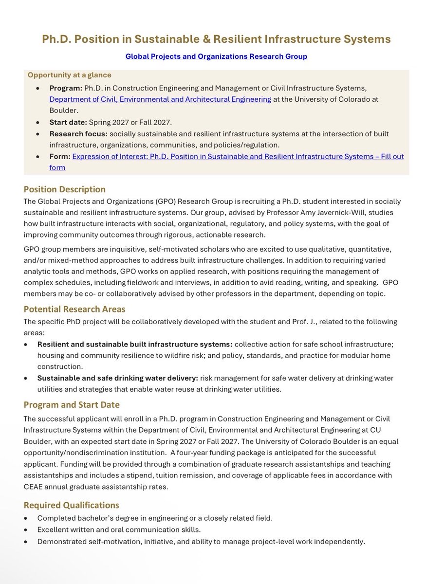 ObengCosmos's tweet photo. Program: Ph.D. in Construction Engineering and Management or Civil Infrastructure Systems, Department of Civil, Environmental and Architectural Engineering at the University of Colorado at Boulder. https://t.co/5wIwwEApb5