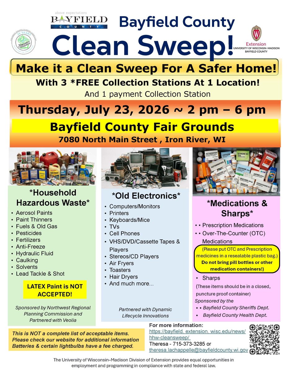 BayCoExtension's tweet photo. OTC- &amp; Prescription medications will be taken at the Bayfield County HHW/Clean Sweep Event on Thursday, July 23, 2026 from 2 pm-6 pm at the Bay Co Fair Grounds, Iron River WI. 
Bring All medications in a clear, resealable, plastic bag https://t.co/xBfuNnD5WC https://t.co/diK1pQqNLi