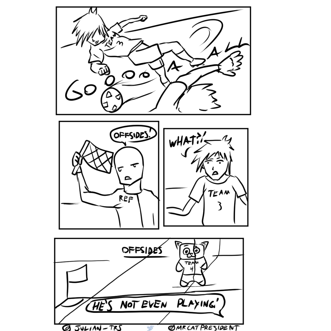 MrCatpresident's tweet photo. Always gotta watch out for that last defender!  #mrmrcatcomics #draw #drawing #art #illustration #webtoon #webtooncanvas #webcomic #webcomics 📷 #worldcup #offsides https://t.co/FQrc1g3qQq