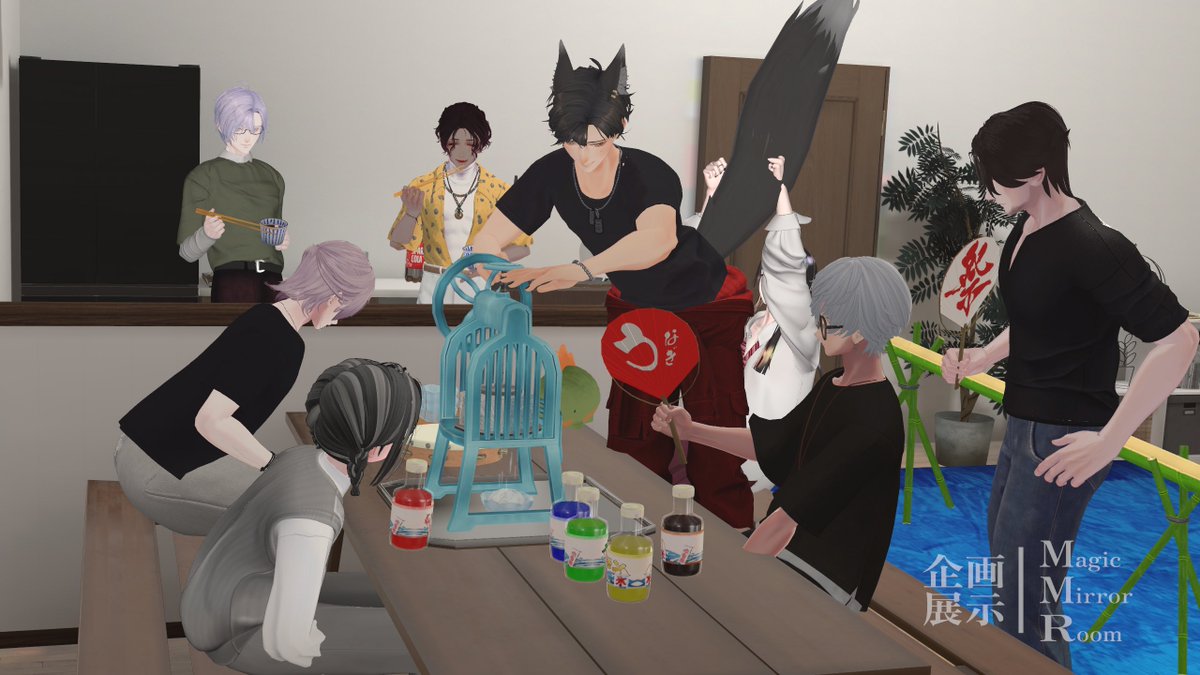 amrta_cluster's tweet photo. 毎月の楽しみ #企画展示MMR に行ってきましたよ！
今回は8人フルメンバーで見れて、そこかしこで何か起きてて楽しかったです！久々のわかくん！
新しいハイタッチシステムもすごかったです！少しだけ介入できちゃうシステム…すごい…！
流しそうめんもかき氷も良かった〜！夏のMMR最高でした！ https://t.co/FDUt1N18o7
