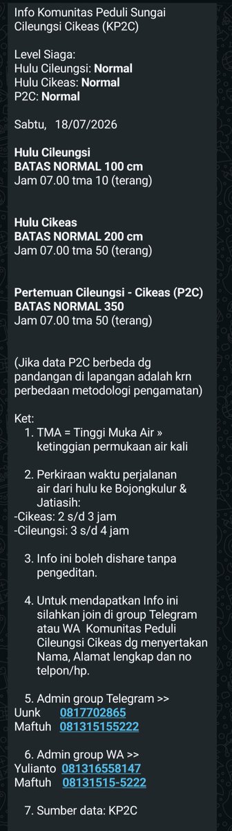 kp2c_info's tweet photo. #InfoKP2C #TMA #Sabtu18Juli2026 
hulu Cileungsi, Cikeas dan P2C  Normal. 
Cuaca Cileungsi, Cikeas dan P2C terang. 
@infoJATIASIH @kec_jatiasih @pemkotbekasi @bogorkab @BPBDJabar @bpbdbogorkab @pastigana @txtdrbekasi #SiapUntukSelamat #BudayaSadarBencana #StaySafe #StayHealthy https://t.co/jqhvj2x3nl