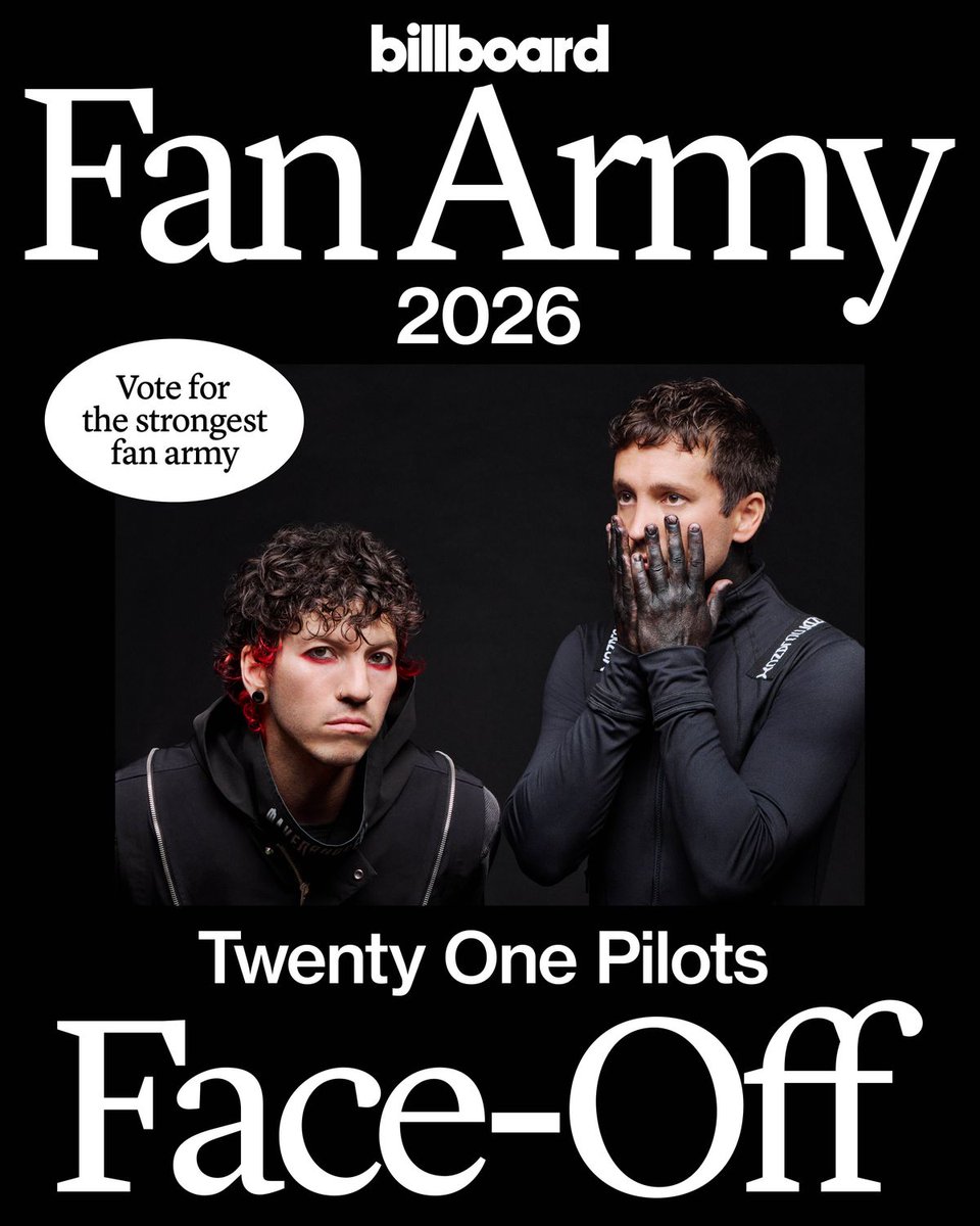 billboard's tweet photo. Calling all Twenty One Pilots fans! 👋 Think your fan army has what it takes? Vote now in Round 1 of #BBFanArmy2026.
Vote: https://t.co/o2ZOPvl7vM https://t.co/jTHOPpBRQi
